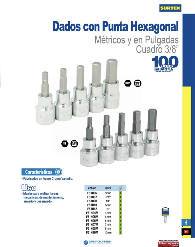 DADO CON PUNTA HEXAGONAL CUADRO DE 3/8", EN PULGADAS, 3/16"