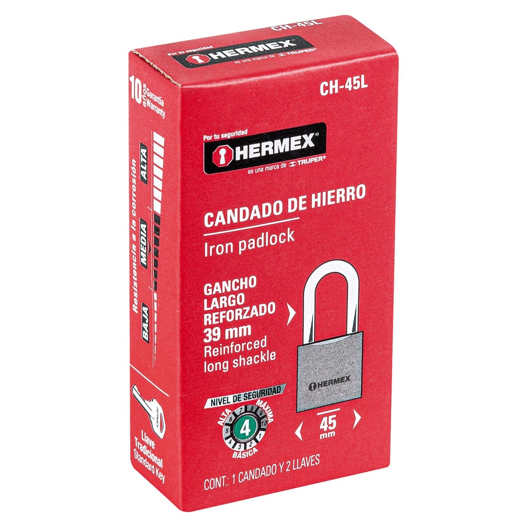 CANDADO DE HIERRO 45 MM, GANCHO LARGO EN CAJA, HERMEX