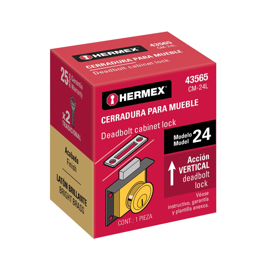 CERRADURA PARA MUEBLE, MODELO 24, LATON, HERMEX
