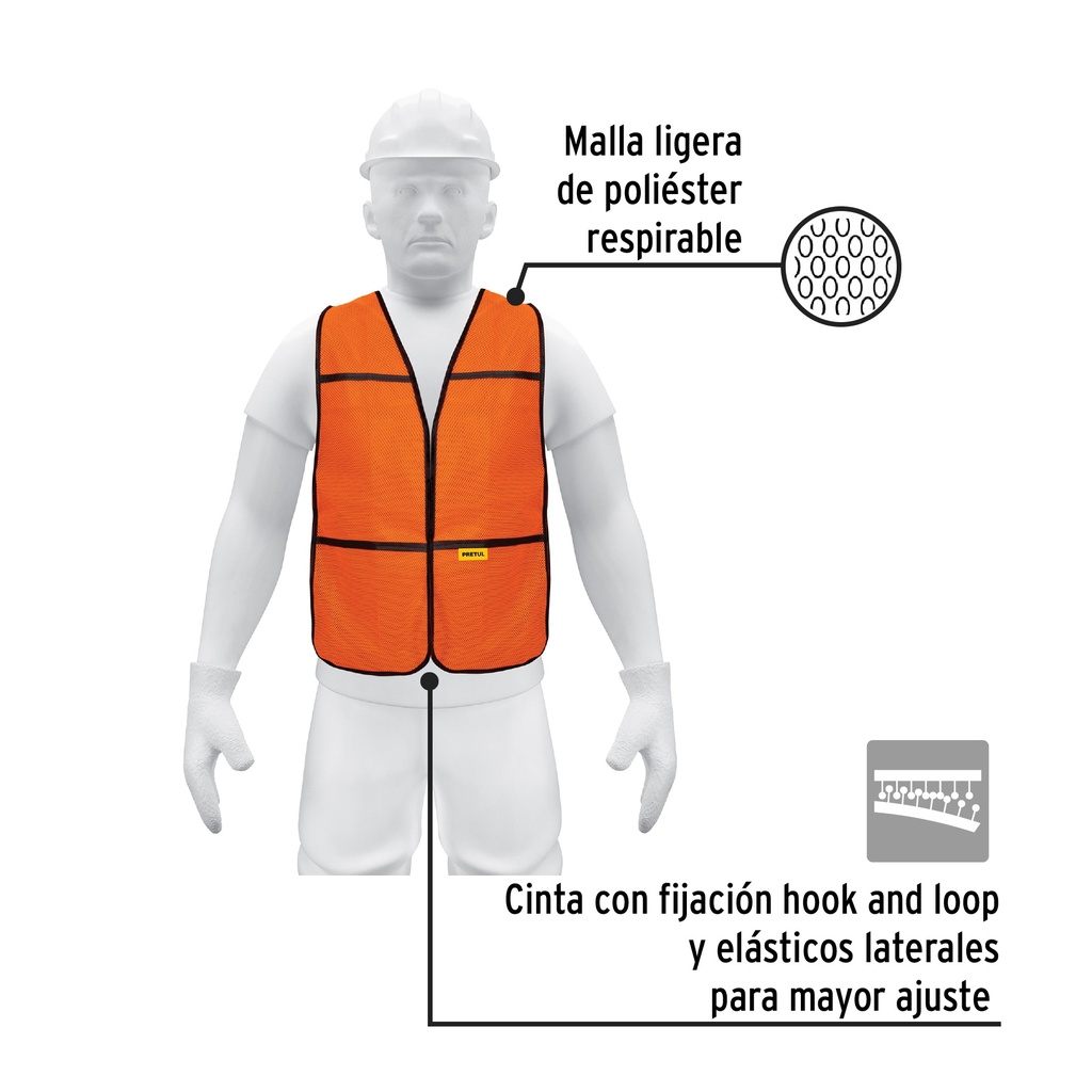 CHALECO DE SEGURIDAD, USO DE DIA, NARANJA, PRETUL