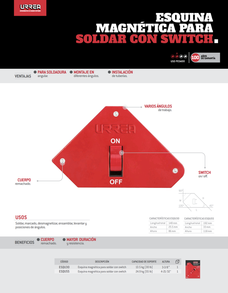 ESQUINA MAGNETICA PARA SOLDAR MULTIANGULAR CON SWITCH 4-21/32", 55 LB