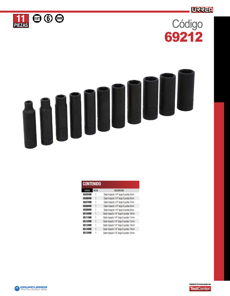 JUEGO DE DADOS LARGOS DE IMPACTO CUADRO DE 1/4", 6 PUNTAS, METRICOS, 11 PIEZAS