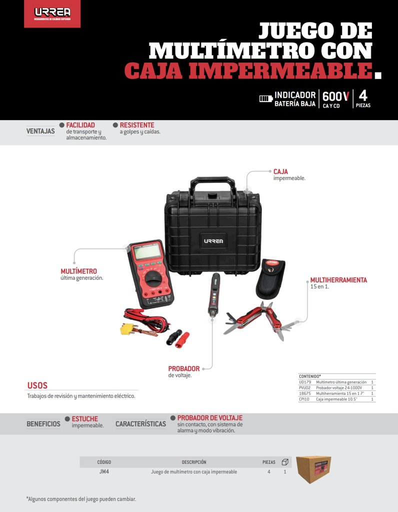 JUEGO DE HERRAMIENTA CON MULTIMETRO 4 PIEZAS, CAJA IMPERMEABLE