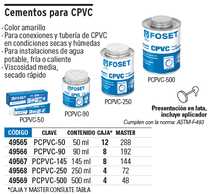 CEMENTO PARA CPVC EN BOTE DE 250 ML, BAJA PRESION, FOSET