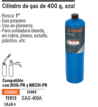 CILINDRO DE GAS PROPANO DE 400 G, AZUL, TRUPER