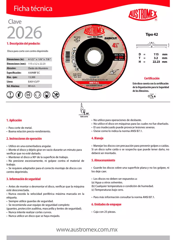 DISCO T-27 4.1/2"X1/8"X7/8" PARA CORTE DE METAL (EASY-CUT)