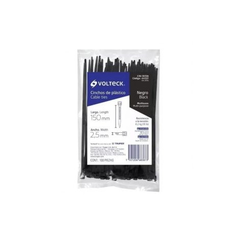 BOLSA CON 100 CINCHOS PLASTICOS 18 LB, 150X2.5 MM, NEGROS