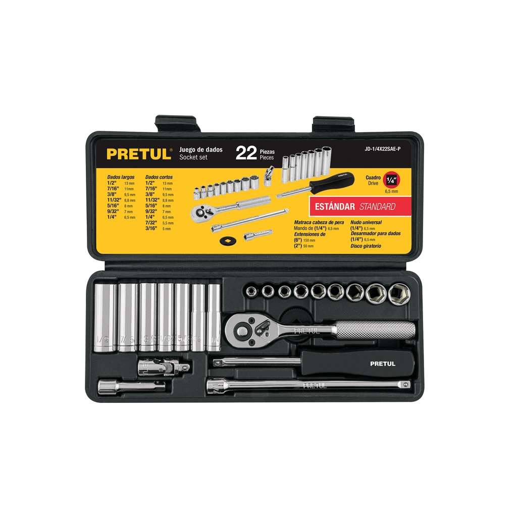 JUEGO DE 22 HERRAMIENTAS 1/4' STD PARA MECANICO, PRETUL