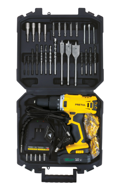 KIT TALADRO 1/2', 20V, 1 BATERIA 2AH, 32 ACCESORIOS, PRETUL