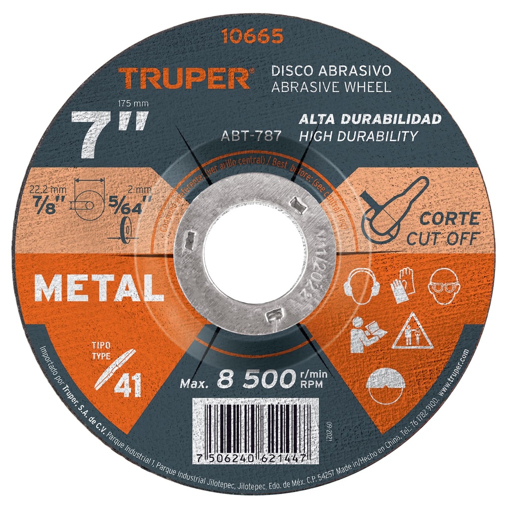 DISCO PARA CORTE DE METAL, TIPO 41, DIAMETRO 7" TRUPER