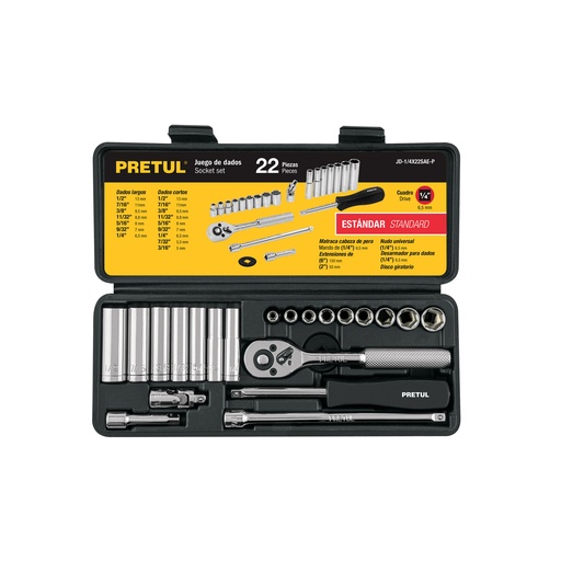 [23981] JUEGO DE 22 HERRAMIENTAS 1/4' STD PARA MECANICO, PRETUL