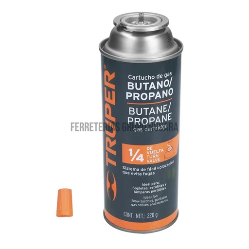 [11920] LATA DE GAS DE 220G CON VALVULA DE 1/4 DE VUELTA, TRUPER