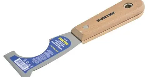 [123092] ESPATULA RIGIDA DE ACERO DE ALTO CARBON CON RASPADOR CON MANGO DE MADERA 2-1/2", 5 EN 1