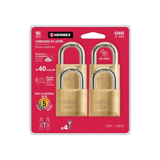 [43445] BLISTER CON 4 CANDADOS DE LATON DE 40MM CON GANCHO CORTO