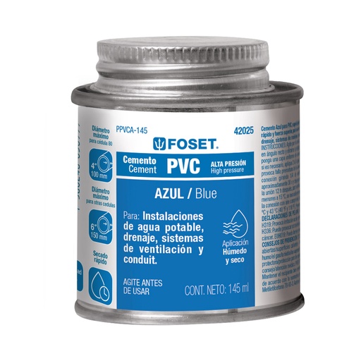 [04-0034] CEMENTO AZUL PARA PVC EN BOTE DE 145 ML, ALTA PRESION, FOSET
